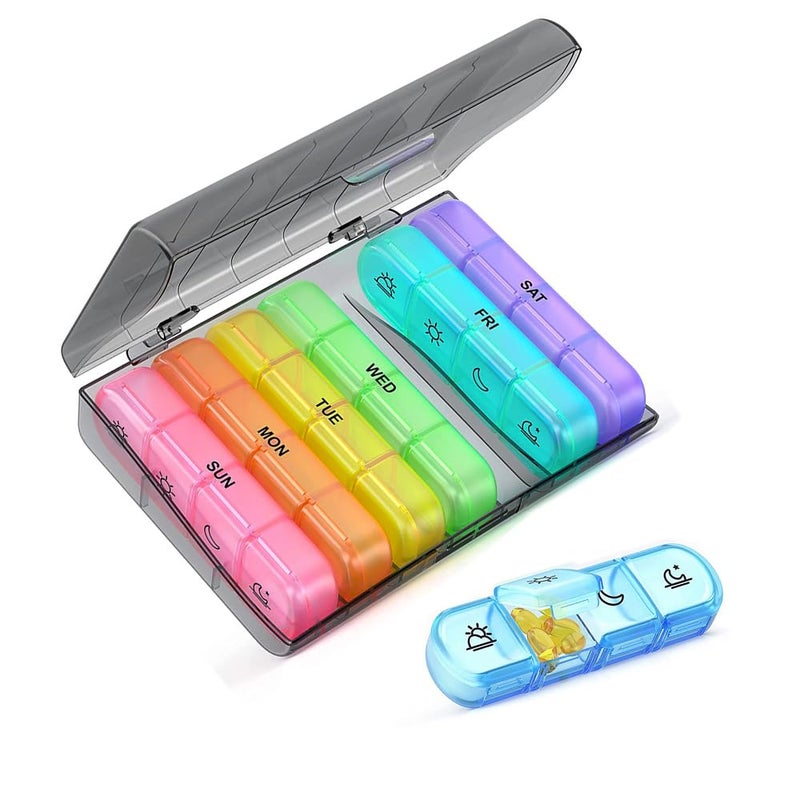 Oneyijun Weekly Pill Organiser 7 Day (3 Times Daily) - BPA Free Plastic Medication Box with XL Compartments for Vitamins, Supplements, Fish Oil, Pills - Portable Travel Pill Case (Multi Colour)
